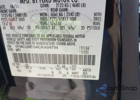 2012 Ford Escape Limited из США, поврежденный, VIN 1FMCU9EG4CKA04794